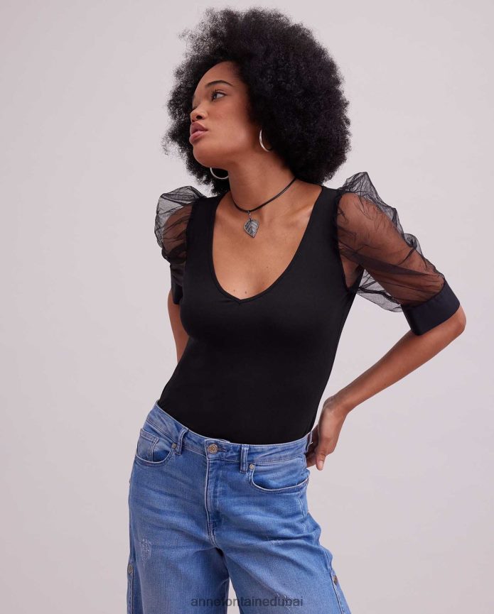 ملابس عبد اللطيف Anne Fontaine نحيف جزء علوي هوائي على شكل حرف V مع أكمام شبكية شفافة أسود T622DL250