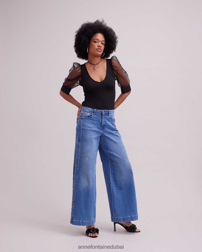 ملابس عبد اللطيف Anne Fontaine نحيف جزء علوي هوائي على شكل حرف V مع أكمام شبكية شفافة أسود T622DL250