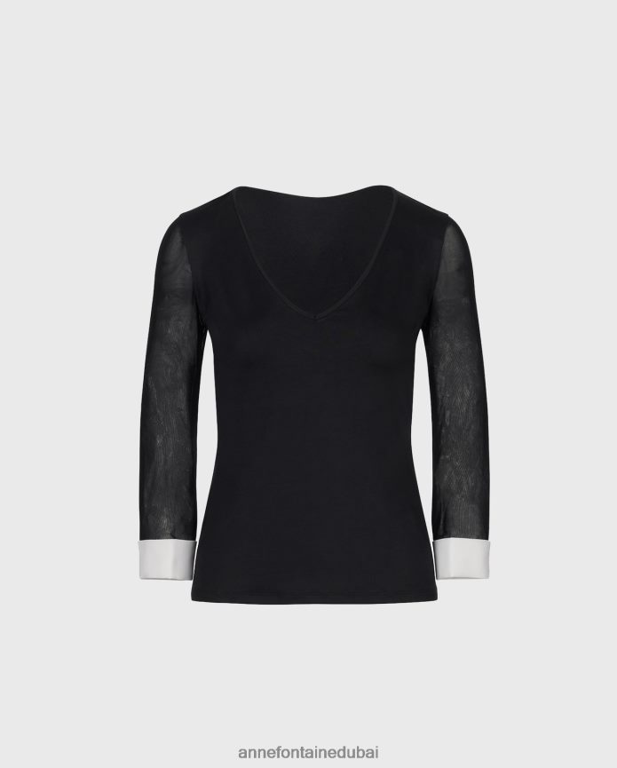 ملابس عبد اللطيف Anne Fontaine نحيف قميص كابوسين علوي برقبة على شكل حرف V وأكمام شبكية شفافة أسود/أبيض T622DL270