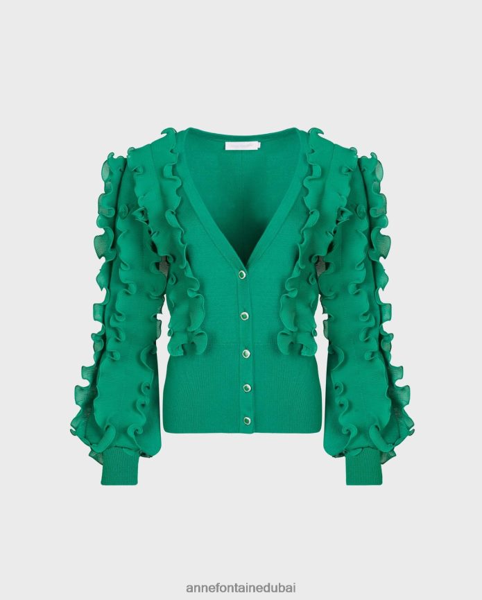 ملابس عبد اللطيف Anne Fontaine نحيف كارديجان سيلين بأكمام طويلة مع كشكشة وياقة عميقة على شكل حرف V أخضر T622DL476