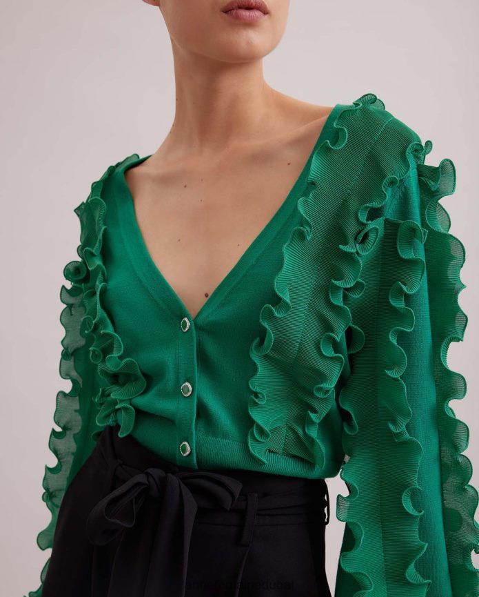 ملابس عبد اللطيف Anne Fontaine نحيف كارديجان سيلين بأكمام طويلة مع كشكشة وياقة عميقة على شكل حرف V أخضر T622DL476