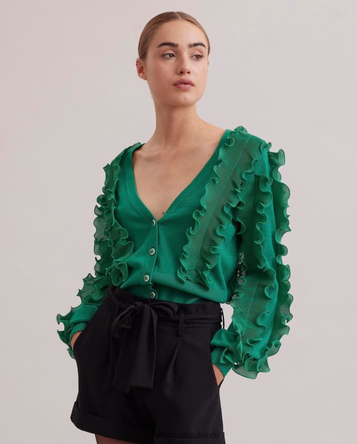 ملابس عبد اللطيف Anne Fontaine نحيف كارديجان سيلين بأكمام طويلة مع كشكشة وياقة عميقة على شكل حرف V أخضر T622DL476