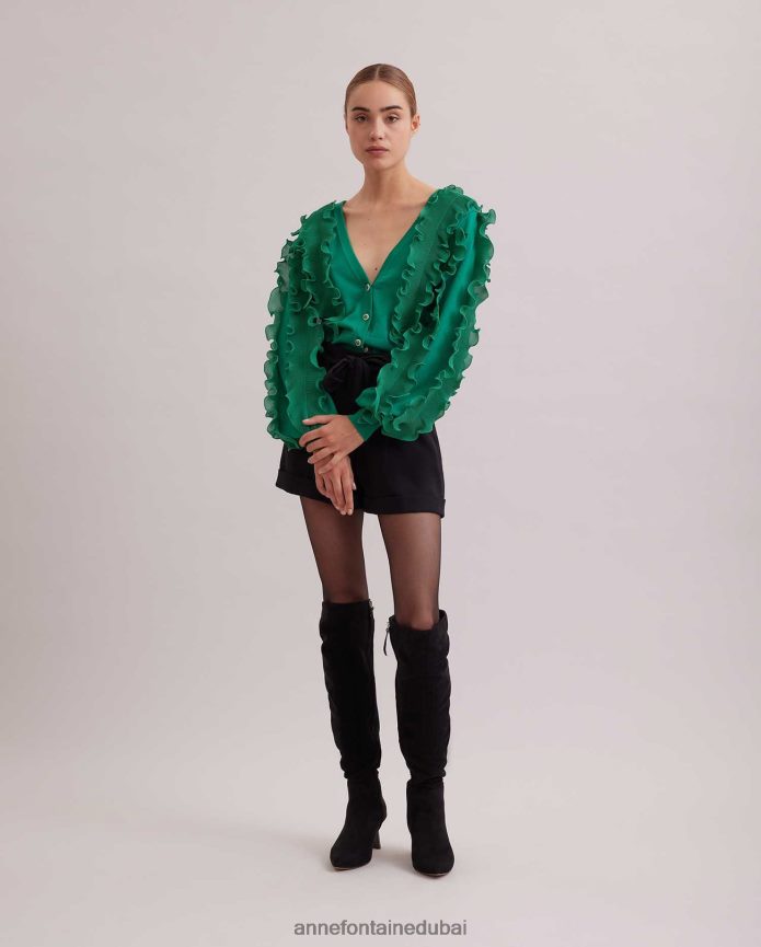 ملابس عبد اللطيف Anne Fontaine نحيف كارديجان سيلين بأكمام طويلة مع كشكشة وياقة عميقة على شكل حرف V أخضر T622DL476