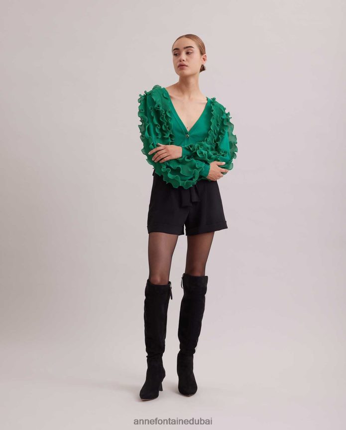 ملابس عبد اللطيف Anne Fontaine نحيف كارديجان سيلين بأكمام طويلة مع كشكشة وياقة عميقة على شكل حرف V أخضر T622DL476
