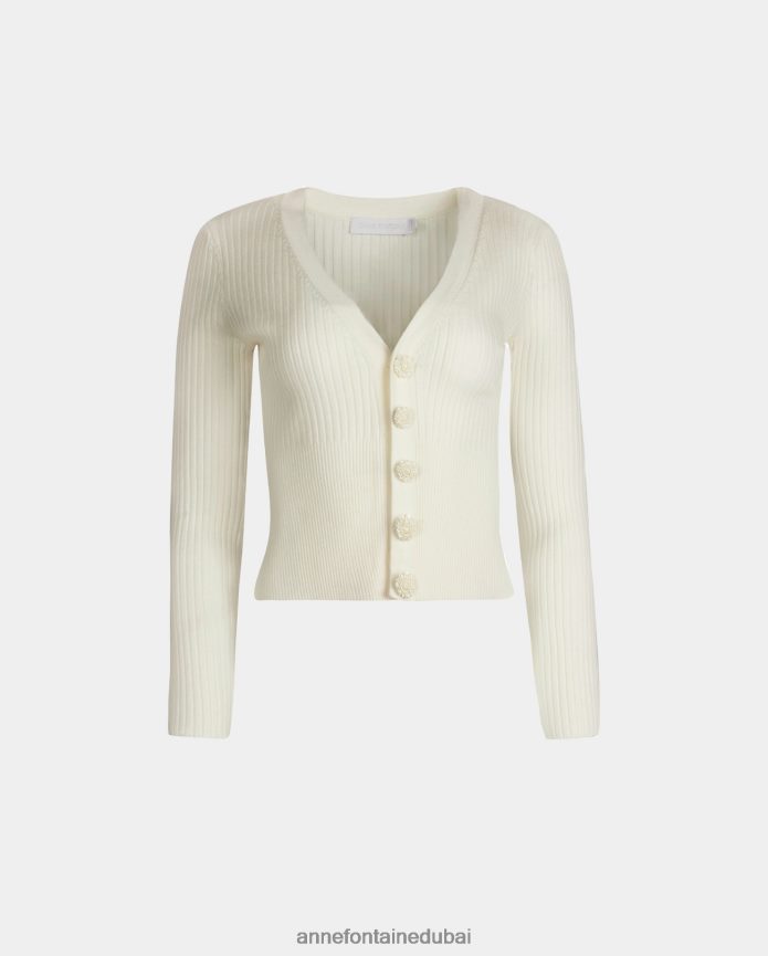 ملابس عبد اللطيف Anne Fontaine نحيف سترة صولفيج بأكمام طويلة ورقبة على شكل حرف V أبيض T622DL489