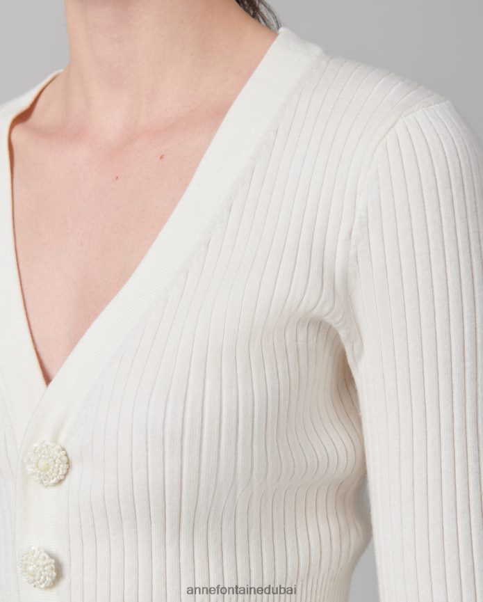 ملابس عبد اللطيف Anne Fontaine نحيف سترة صولفيج بأكمام طويلة ورقبة على شكل حرف V أبيض T622DL489