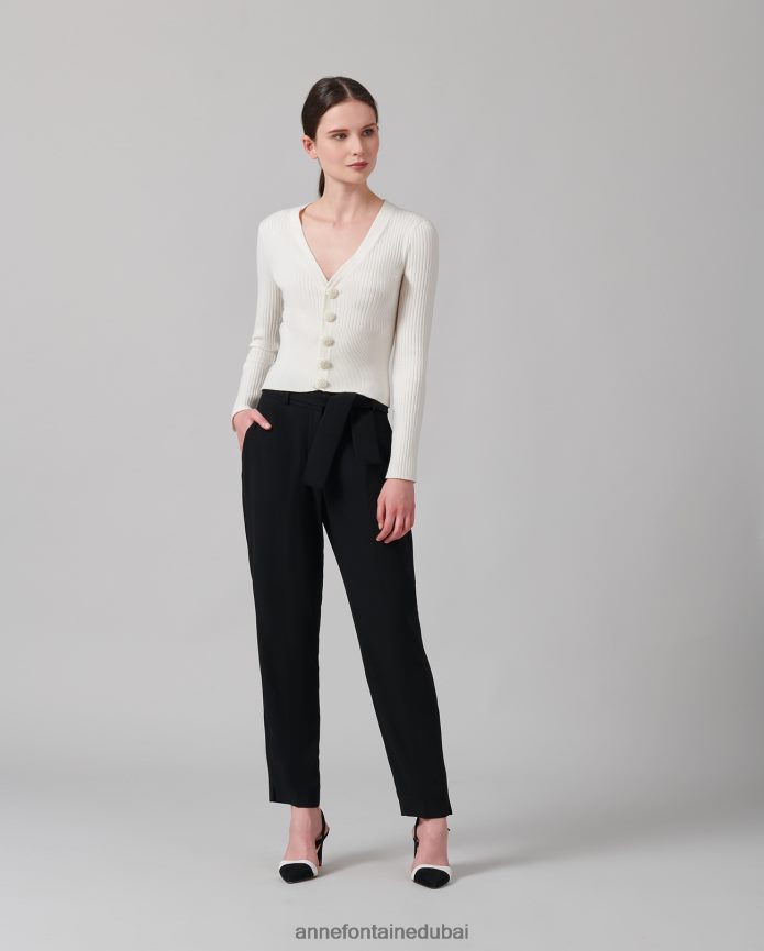 ملابس عبد اللطيف Anne Fontaine نحيف سترة صولفيج بأكمام طويلة ورقبة على شكل حرف V أبيض T622DL489