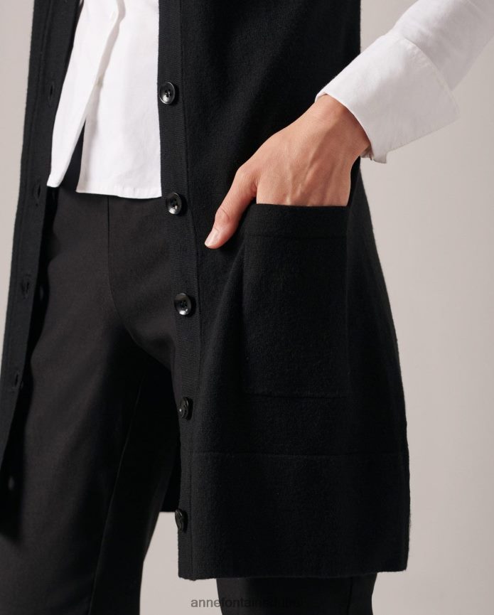 ملابس عبد اللطيف Anne Fontaine نحيف سترة ريبيلا كارديجان طويلة بياقة على شكل حرف V بدون أكمام وأزرار سفلية أسود T622DL496