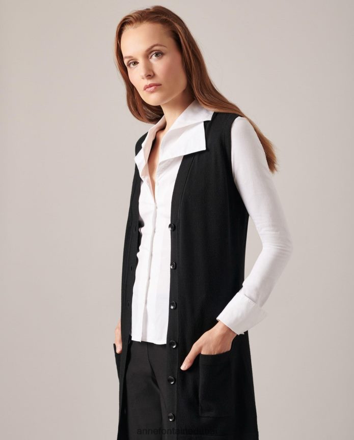 ملابس عبد اللطيف Anne Fontaine نحيف سترة ريبيلا كارديجان طويلة بياقة على شكل حرف V بدون أكمام وأزرار سفلية أسود T622DL496