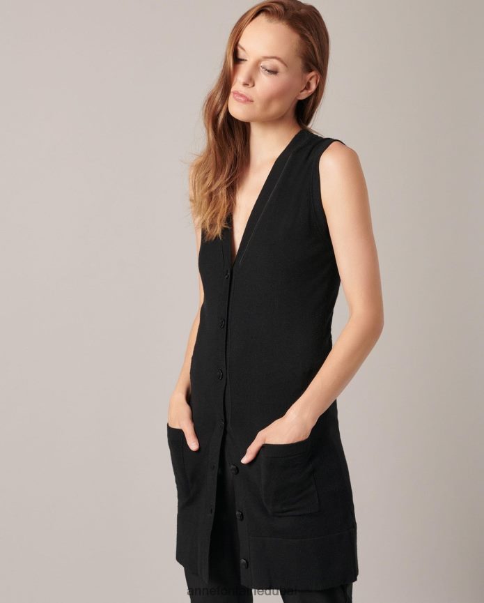 ملابس عبد اللطيف Anne Fontaine نحيف سترة ريبيلا كارديجان طويلة بياقة على شكل حرف V بدون أكمام وأزرار سفلية أسود T622DL496