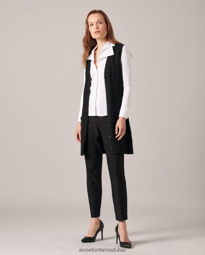 ملابس عبد اللطيف Anne Fontaine نحيف سترة ريبيلا كارديجان طويلة بياقة على شكل حرف V بدون أكمام وأزرار سفلية أسود T622DL496