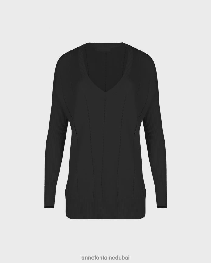 ملابس عبد اللطيف Anne Fontaine نحيف سترة إيمانول بأكمام طويلة ورقبة على شكل حرف V كبيرة الحجم أسود T622DL497