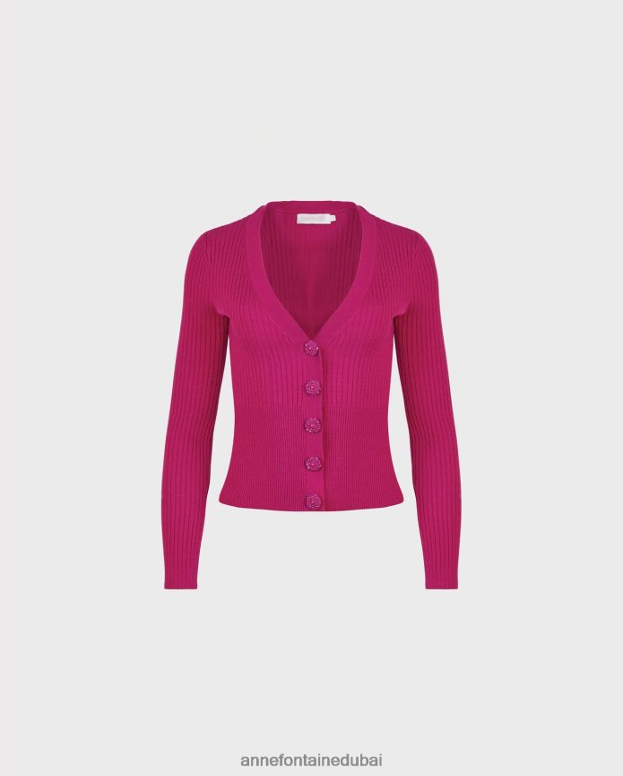 ملابس عبد اللطيف Anne Fontaine نحيف سترة صولفيج بأكمام طويلة ورقبة على شكل حرف V لون القرنفل T622DL502