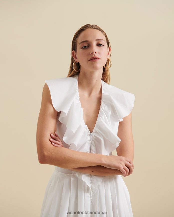 ملابس عبد اللطيف Anne Fontaine نحيف فستان كان فستان ميدي مطوي وكشكش وفتحة رقبة على شكل حرف V وظهر مفتوح من قماش البوبلين القطني أبيض T622DL81