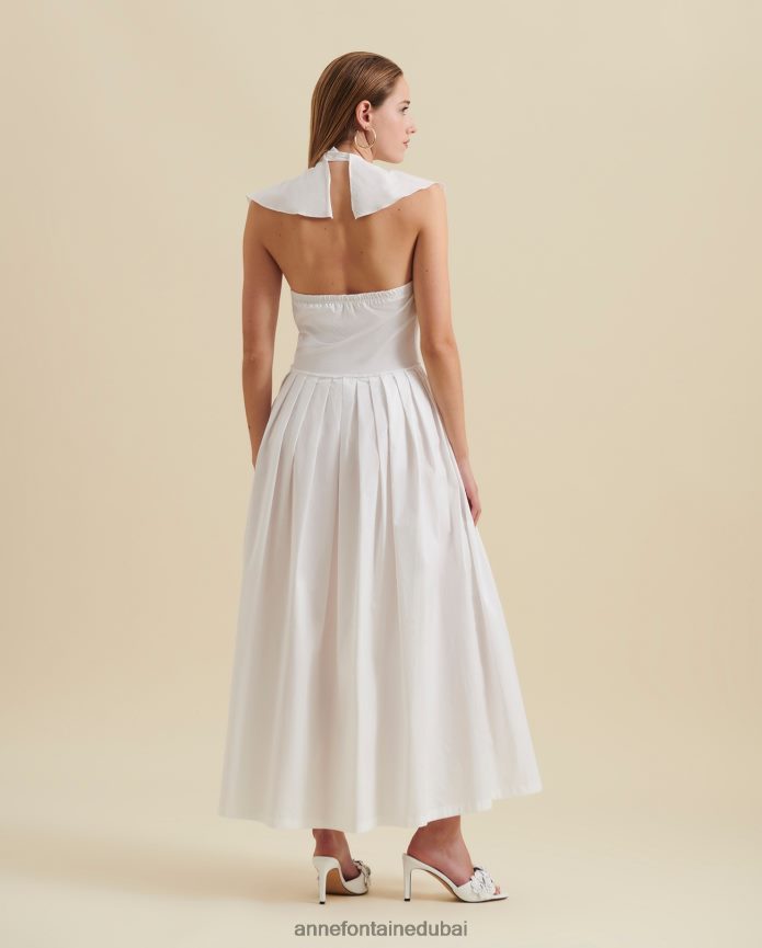 ملابس عبد اللطيف Anne Fontaine نحيف فستان كان فستان ميدي مطوي وكشكش وفتحة رقبة على شكل حرف V وظهر مفتوح من قماش البوبلين القطني أبيض T622DL81