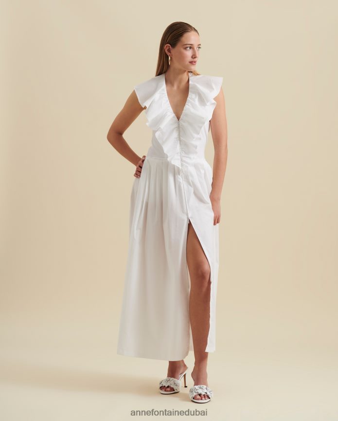 ملابس عبد اللطيف Anne Fontaine نحيف فستان كان فستان ميدي مطوي وكشكش وفتحة رقبة على شكل حرف V وظهر مفتوح من قماش البوبلين القطني أبيض T622DL81