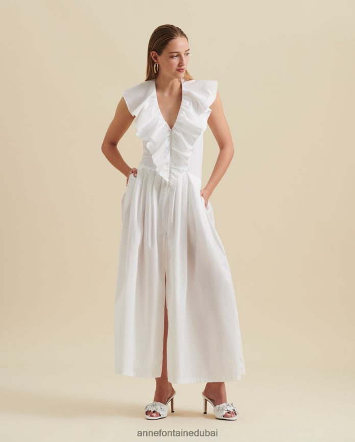 ملابس عبد اللطيف Anne Fontaine نحيف فستان كان فستان ميدي مطوي وكشكش وفتحة رقبة على شكل حرف V وظهر مفتوح من قماش البوبلين القطني أبيض T622DL81