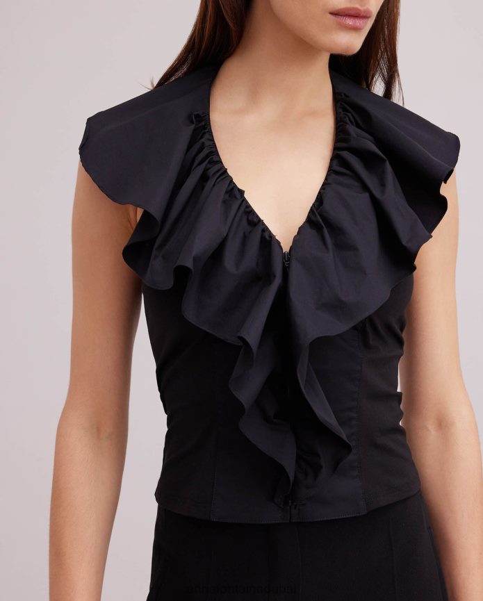 ملابس عبد اللطيف Anne Fontaine نحيف قميص Vanes بدون أكمام من قماش البوبلين مع كشكش متتالي أسود T622DL152