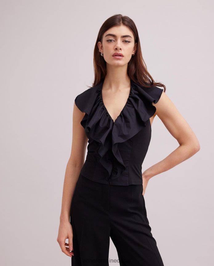 ملابس عبد اللطيف Anne Fontaine نحيف قميص Vanes بدون أكمام من قماش البوبلين مع كشكش متتالي أسود T622DL152