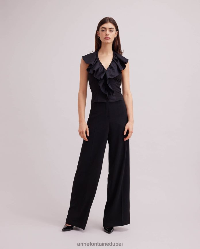 ملابس عبد اللطيف Anne Fontaine نحيف قميص Vanes بدون أكمام من قماش البوبلين مع كشكش متتالي أسود T622DL152