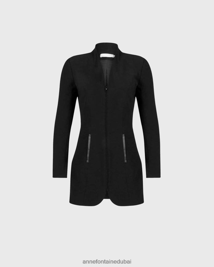 ملابس عبد اللطيف Anne Fontaine نحيف سترة Vazar سترة برقبة على شكل حرف V مع جيوب مبطنة من الساتان أسود T622DL460