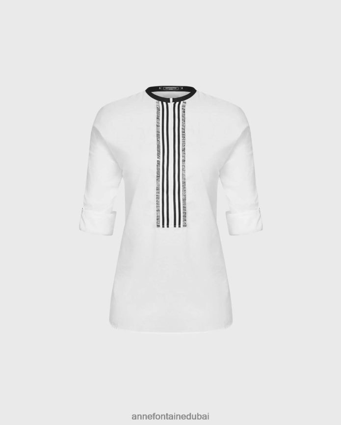 ملابس عبد اللطيف Anne Fontaine نحيف بلوزة Venisa عالية ومنخفضة مع سحاب أمامي بطول 3/4 أبيض T622DL210