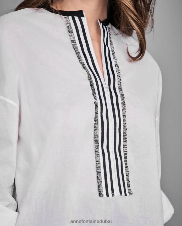 ملابس عبد اللطيف Anne Fontaine نحيف بلوزة Venisa عالية ومنخفضة مع سحاب أمامي بطول 3/4 أبيض T622DL210