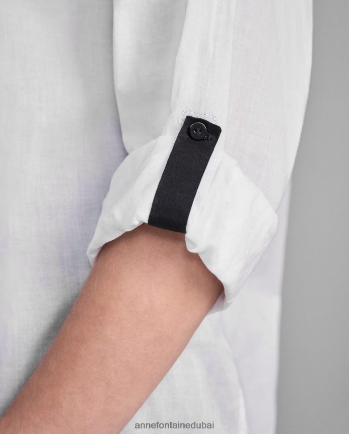 ملابس عبد اللطيف Anne Fontaine نحيف بلوزة Venisa عالية ومنخفضة مع سحاب أمامي بطول 3/4 أبيض T622DL210