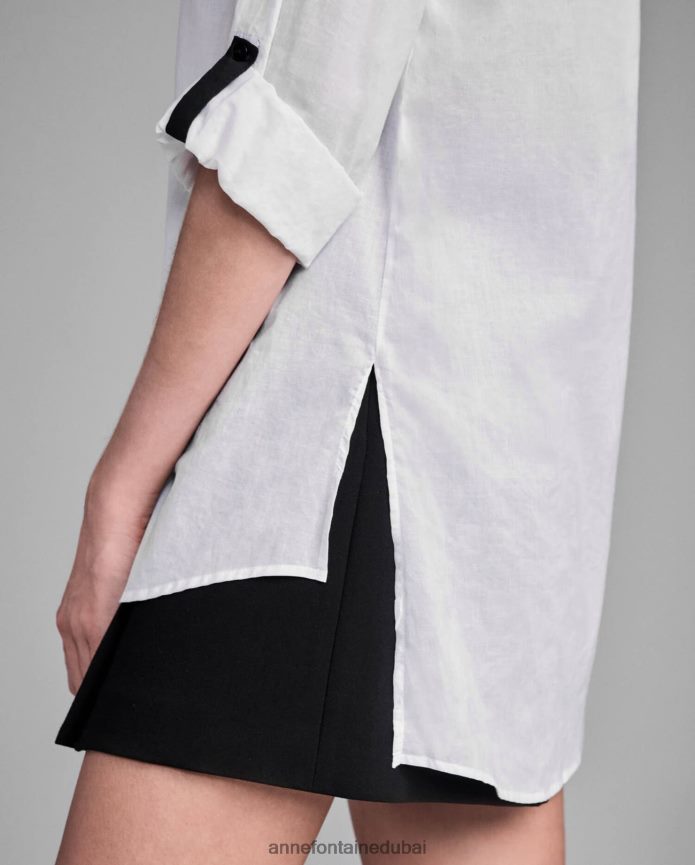 ملابس عبد اللطيف Anne Fontaine نحيف بلوزة Venisa عالية ومنخفضة مع سحاب أمامي بطول 3/4 أبيض T622DL210