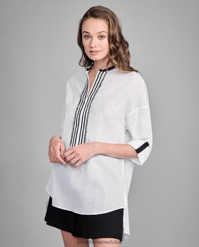 ملابس عبد اللطيف Anne Fontaine نحيف بلوزة Venisa عالية ومنخفضة مع سحاب أمامي بطول 3/4 أبيض T622DL210