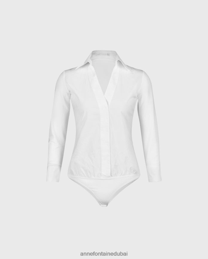 ملابس عبد اللطيف Anne Fontaine نحيف بدلة للجسم Verene من قماش البوبلين والجيرسي مع ياقة كبيرة مدببة أبيض T622DL192