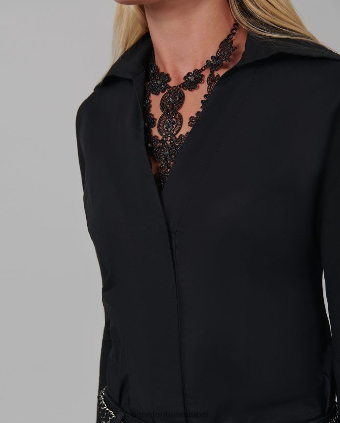 ملابس عبد اللطيف Anne Fontaine نحيف بدلة للجسم Verene من قماش البوبلين والجيرسي مع ياقة كبيرة مدببة أسود T622DL230