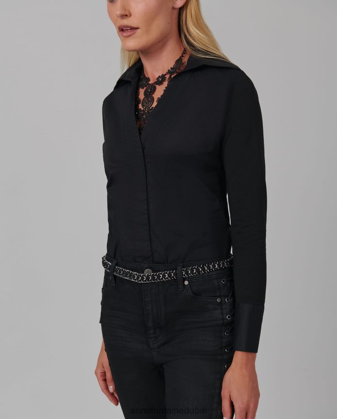 ملابس عبد اللطيف Anne Fontaine نحيف بدلة للجسم Verene من قماش البوبلين والجيرسي مع ياقة كبيرة مدببة أسود T622DL230