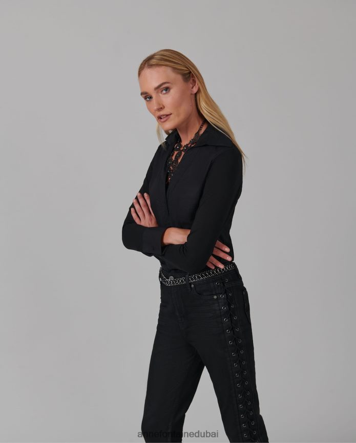 ملابس عبد اللطيف Anne Fontaine نحيف بدلة للجسم Verene من قماش البوبلين والجيرسي مع ياقة كبيرة مدببة أسود T622DL230