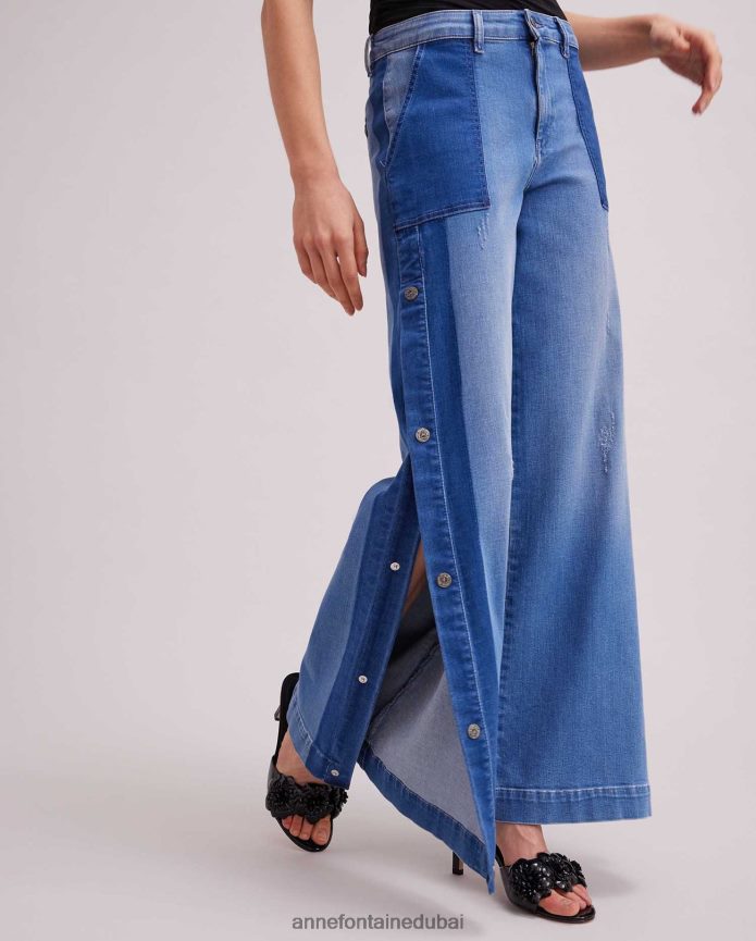 ملابس عبد اللطيف Anne Fontaine نحيف بنطلون جينز Vesly من قماش الدنيم ذو أرجل واسعة مع تفاصيل زر كبس أزرق T622DL326