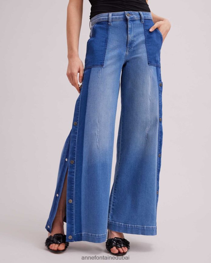 ملابس عبد اللطيف Anne Fontaine نحيف بنطلون جينز Vesly من قماش الدنيم ذو أرجل واسعة مع تفاصيل زر كبس أزرق T622DL326