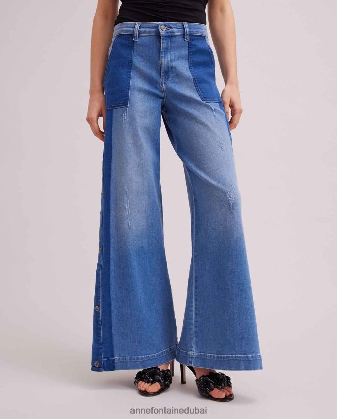 ملابس عبد اللطيف Anne Fontaine نحيف بنطلون جينز Vesly من قماش الدنيم ذو أرجل واسعة مع تفاصيل زر كبس أزرق T622DL326