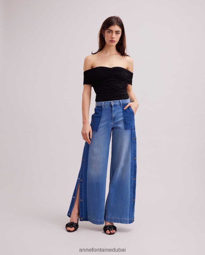 ملابس عبد اللطيف Anne Fontaine نحيف بنطلون جينز Vesly من قماش الدنيم ذو أرجل واسعة مع تفاصيل زر كبس أزرق T622DL326