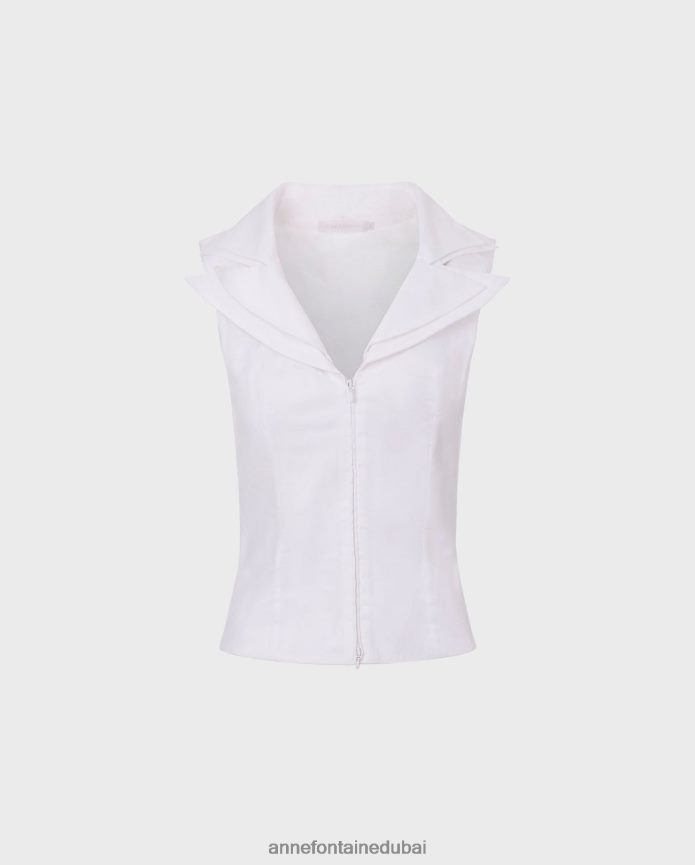 ملابس عبد اللطيف Anne Fontaine نحيف قميص Vilio قميص بدون أكمام بسحاب مع ياقة مزدوجة أبيض T622DL234