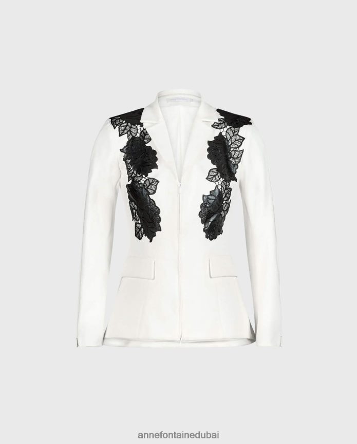 ملابس عبد اللطيف Anne Fontaine نحيف سترة Vorra سترة مصممة مع زخارف وردية من الجلد الصناعي أسود/أبيض T622DL457