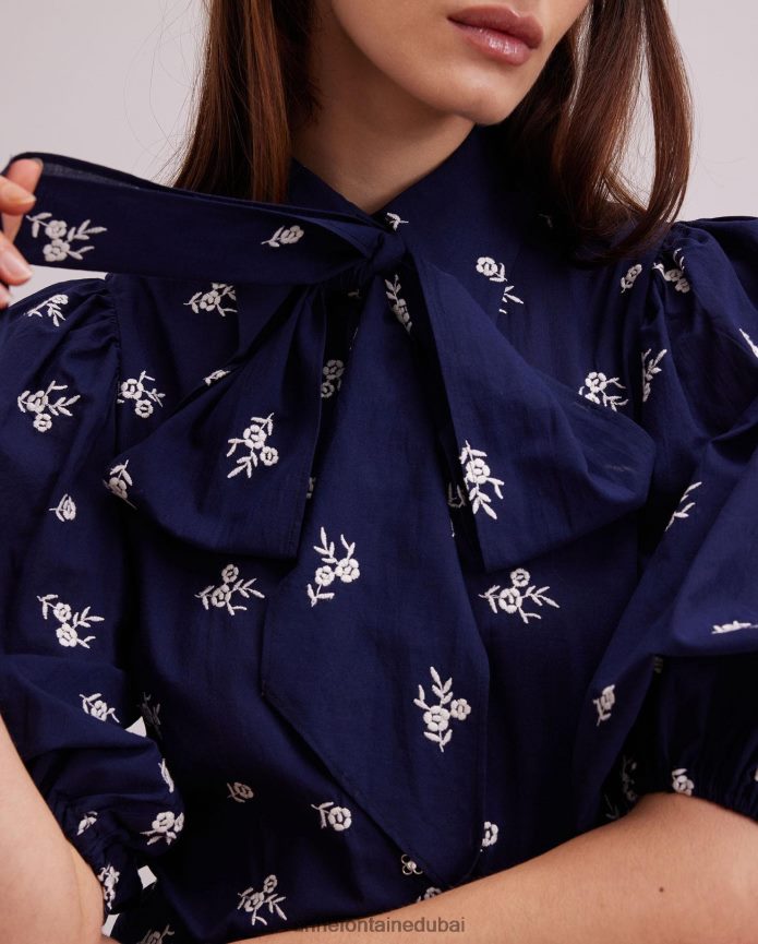 ملابس عبد اللطيف Anne Fontaine نحيف قميص argile قميص بطول الكوع مع تطريز الأزهار بالكامل البحرية / الأبيض T622DL169