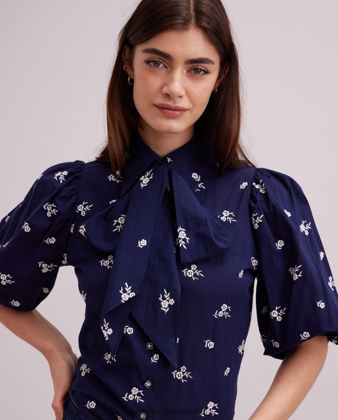 ملابس عبد اللطيف Anne Fontaine نحيف قميص argile قميص بطول الكوع مع تطريز الأزهار بالكامل البحرية / الأبيض T622DL169