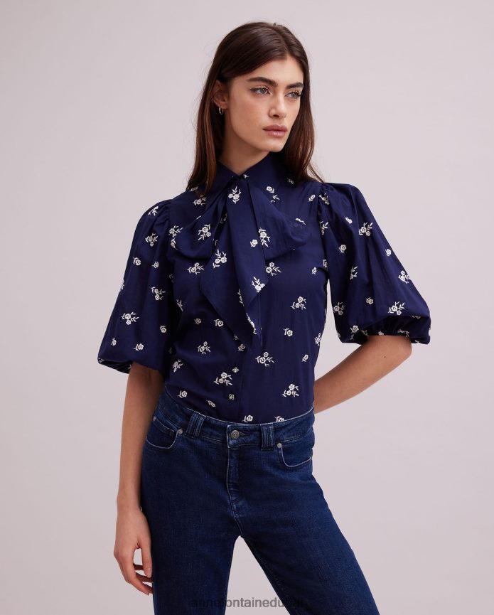 ملابس عبد اللطيف Anne Fontaine نحيف قميص argile قميص بطول الكوع مع تطريز الأزهار بالكامل البحرية / الأبيض T622DL169