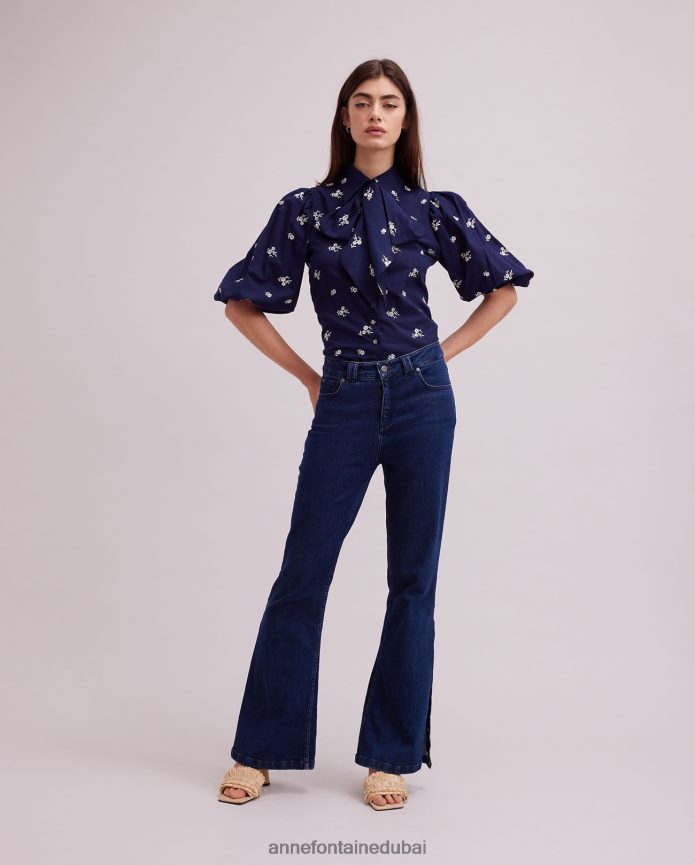 ملابس عبد اللطيف Anne Fontaine نحيف قميص argile قميص بطول الكوع مع تطريز الأزهار بالكامل البحرية / الأبيض T622DL169