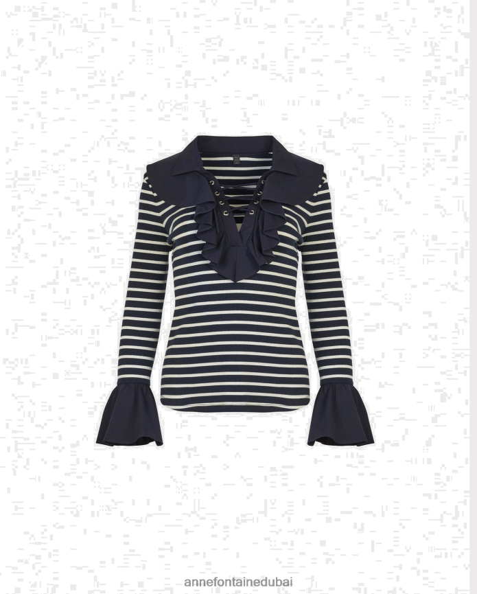 ملابس عبد اللطيف Anne Fontaine نحيف جزء علوي من coquillage ومحبوك مخطط مع ياقة وأساور أكمام مكشكشة البحرية / الأبيض T622DL266