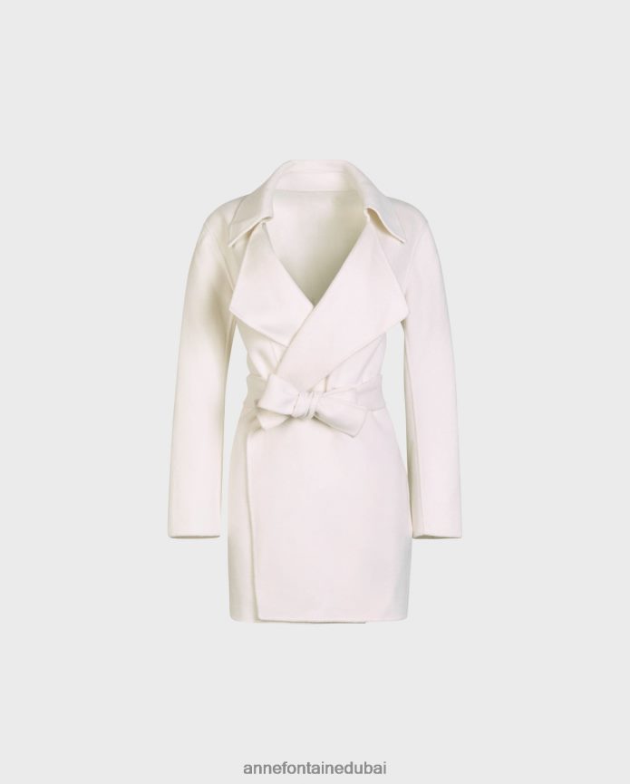 ملابس عبد اللطيف Anne Fontaine نحيف معطف delacroix معطف من خليط الصوف مفتوح بحزام مع طية صدر كبيرة أبيض T622DL422