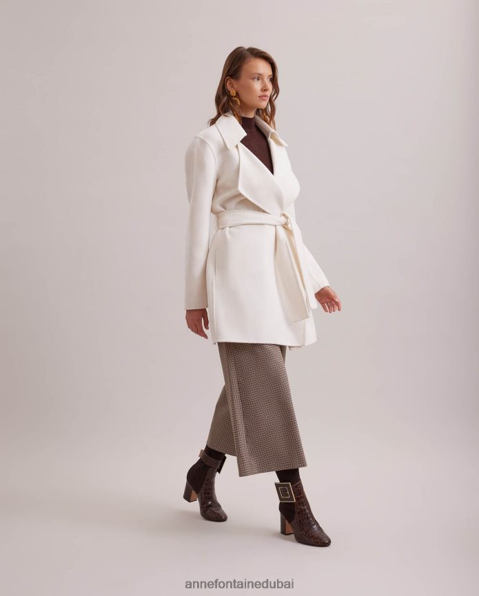 ملابس عبد اللطيف Anne Fontaine نحيف معطف delacroix معطف من خليط الصوف مفتوح بحزام مع طية صدر كبيرة أبيض T622DL422