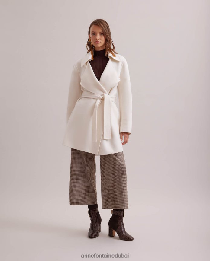 ملابس عبد اللطيف Anne Fontaine نحيف معطف delacroix معطف من خليط الصوف مفتوح بحزام مع طية صدر كبيرة أبيض T622DL422