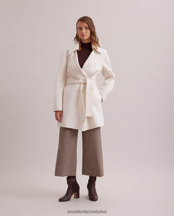 ملابس عبد اللطيف Anne Fontaine نحيف معطف delacroix معطف من خليط الصوف مفتوح بحزام مع طية صدر كبيرة أبيض T622DL422