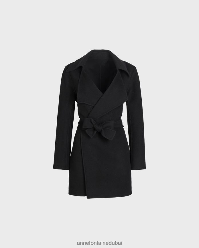 ملابس عبد اللطيف Anne Fontaine نحيف معطف delacroix معطف من خليط الصوف مفتوح بحزام مع طية صدر كبيرة أسود T622DL433